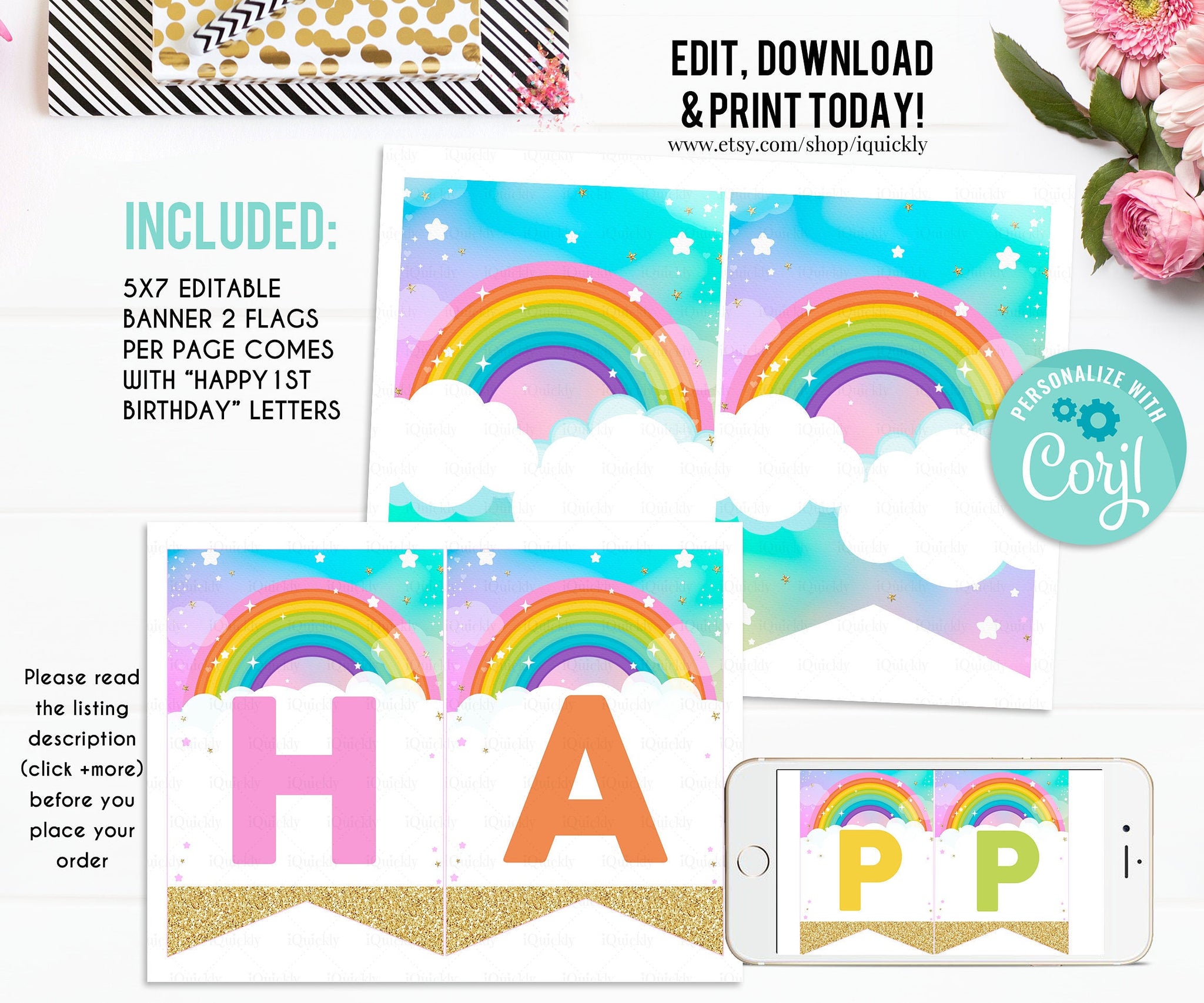 EDITABLE Rainbow Banner, Girl Happy Birthday Banner, Printable 1st Birthday bunting