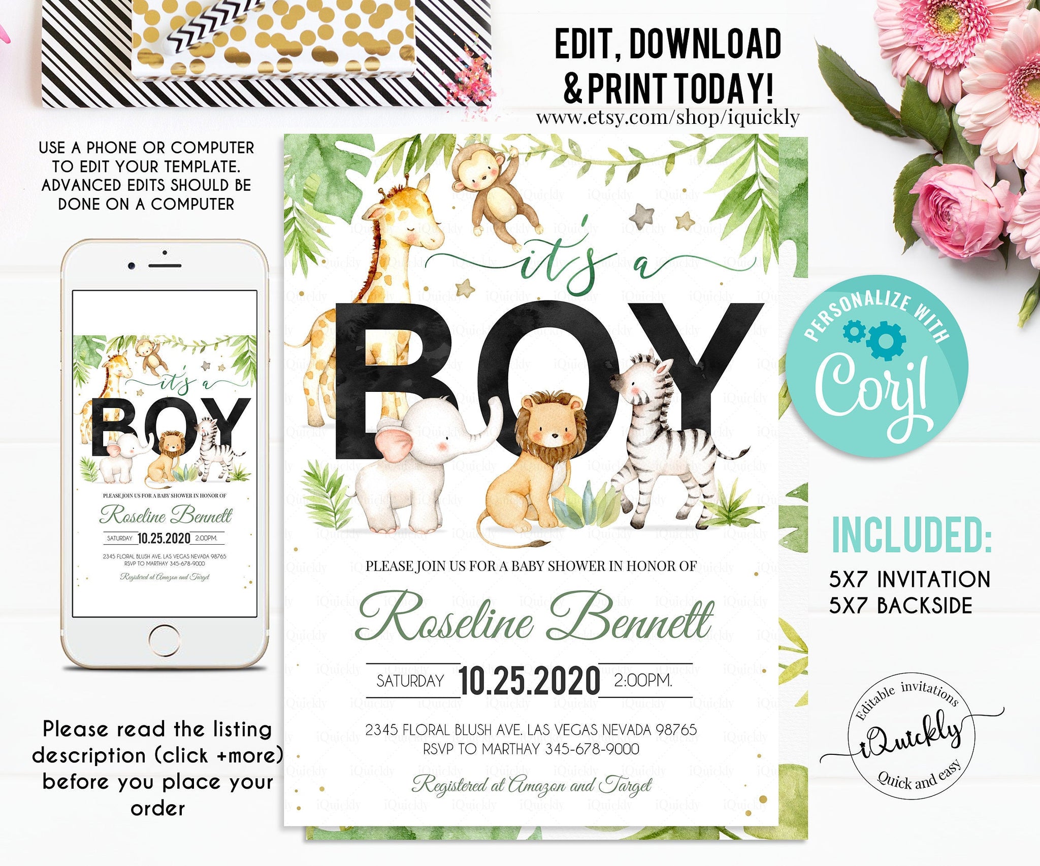 Safari Baby shower Invitation boy, Editable Jungle baby shower invites, its a Boy, Gender Neutral A Wild one, Template Instant download