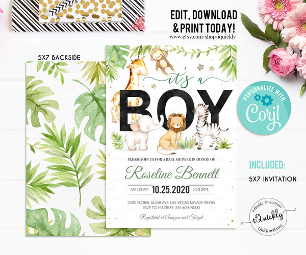 Safari Baby shower Invitation Set, Editable Jungle baby shower invites Pack, Bundle Gender Neutral A Wild one Package Template download