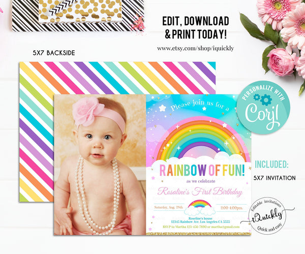 Rainbow Birthday Invitation EDITABLE, ANY Age, Photo Rainbow Confetti Invite Party Girl or Boy, instant Download Printable Digital Template