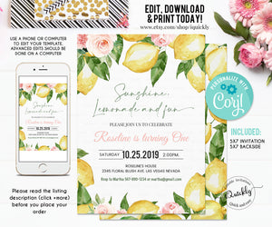 EDITABLE Lemon Birthday Invitation, Sunshine Lemonade and Fun, Citrus Floral Invites Summer Invitations Printable Template Instant download