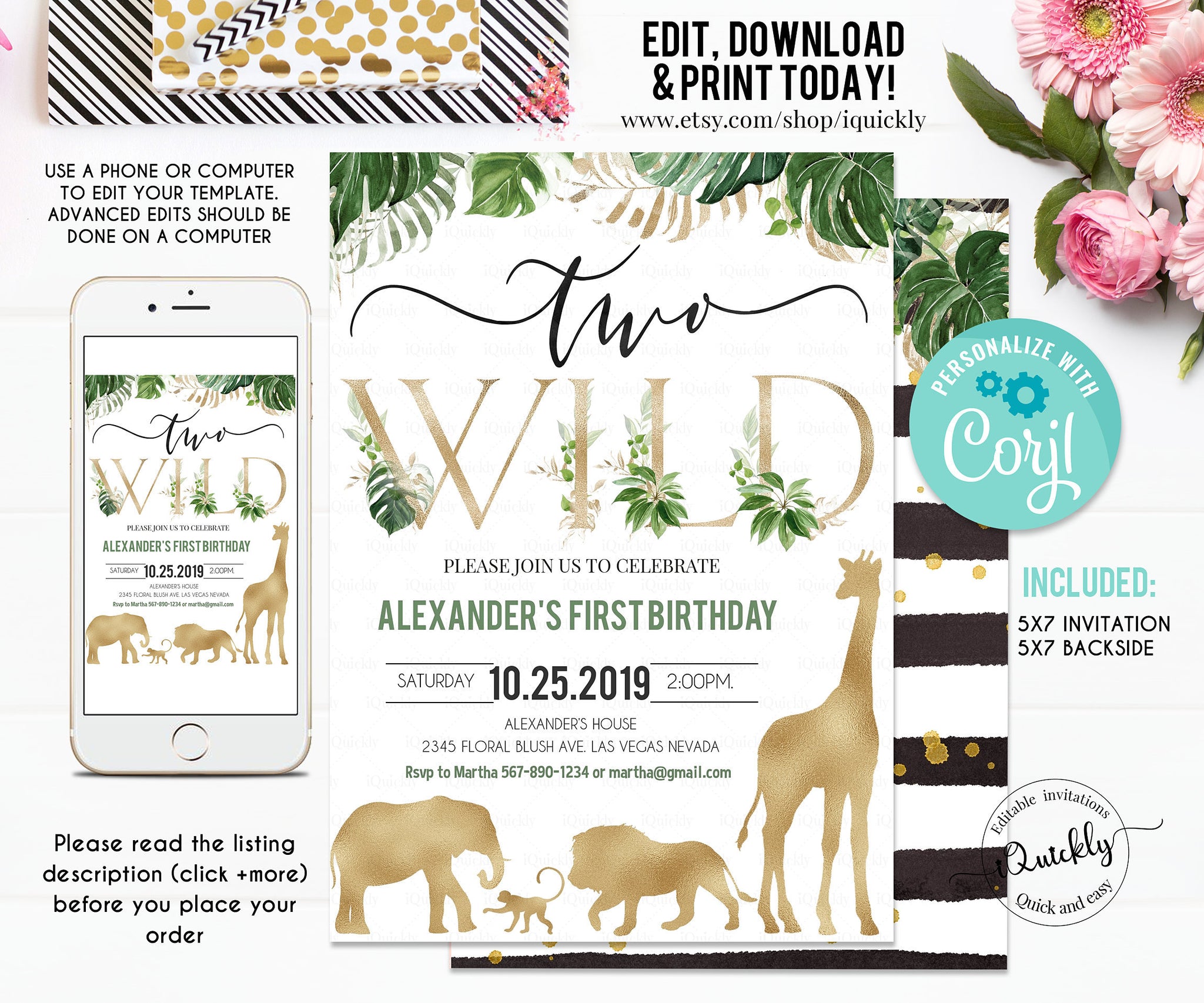 Safari Gold Birthday invitation, EDITABLE Jungle Two wild Invitations, Boy 2nd Birthday Invites Instant download Printable template