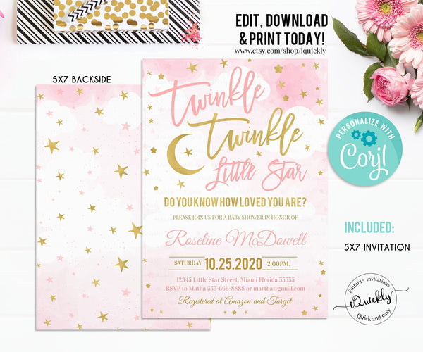 EDITABLE Twinkle Twinkle Little Star Baby Shower Invitation, Girl Baby Shower, Pink and Gold invites, Instant Download Template Digital