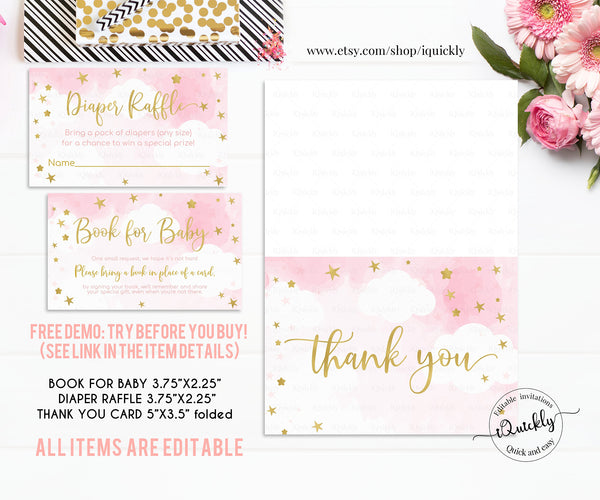 EDITABLE Twinkle Twinkle Little Star Baby Shower Invitation Set, Girl Shower package, Pink and Gold Pack, Instant Download Template Digital