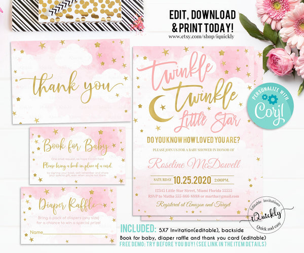 EDITABLE Twinkle Twinkle Little Star Baby Shower Invitation Set, Girl Shower package, Pink and Gold Pack, Instant Download Template Digital