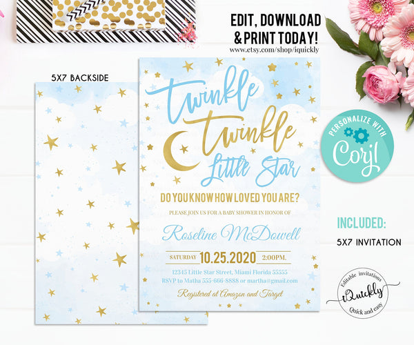 EDITABLE Twinkle Twinkle Little Star Baby Shower Invitation, Boy Baby Shower, Blue and Gold invites, Instant Download Template Digital