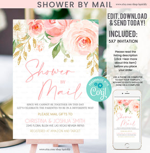 Shower by Mail Blush Pink Floral Baby Shower Invitation EDITABLE, Virtual Baby Shower invites, Digital Girl invitation Printable Template