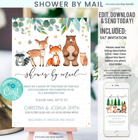 Shower By Mail Woodland Baby Shower Invitation, Virtual Baby Shower, Woodland Animals Baby Shower, Boy Baby Shower, invitation template