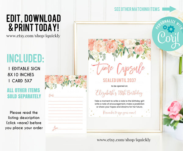 EDITABLE Floral Peach and Cream Time Capsule and Matching Note Cards Floral Blush Pink Gold 1st Birthday Time Capsule Instant download