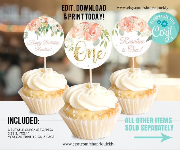 EDITABLE Floral Peach and cream Cupcake Toppers, Girl Baby Shower Decorations, Birthday Pink & gold Cake toppers Instant download Printable