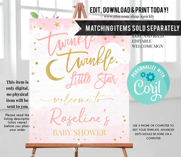 EDITABLE Twinkle Twinkle Little Star Birthday Invitation, Girl Pink and Gold First Birthday invites photo Instant Download Template Digital