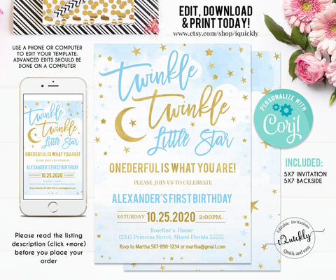 EDITABLE Twinkle Twinkle Little Star Birthday Invitation, Boy Blue and Gold Birthday invites Baby's First Instant Download Template Digital