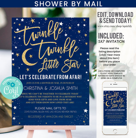 Shower by mail Twinkle twinkle little star Baby shower invitation, Editable Virtual baby shower invites boy Printable template download