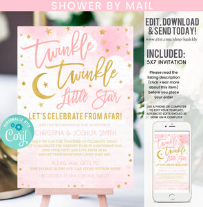 Shower by mail Twinkle twinkle little star Baby shower invitation, Editable Virtual baby shower invites Girl Printable template download