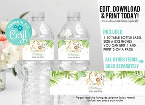 Editable Safari Baby Shower Bottle Label,Boy Jungle animals Water bottle labels, Wild one Digital Download Printable