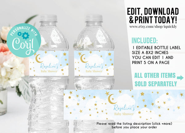 EDITABLE Twinkle Twinkle Little Star Bottle Label, Water labels Printable Boy Baby shower Template blue and gold  Instant download template