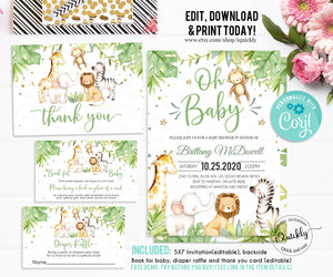 Safari Baby shower Invitation Set, Editable Jungle baby shower invites Pack, Bundle Gender Neutral A Wild one Package Template download