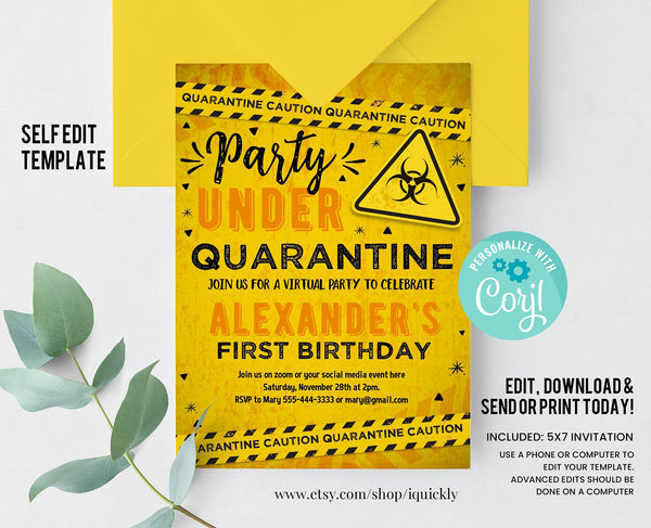 Editable Quarantine Invitation Birthday Party Invite Virtual Birthday Party Zoom Party Hangout Party No One Invited Party Instant download