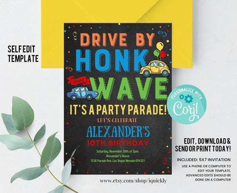 Editable Drive By Birthday Parade Invitation, Drive By Kids Birthday Party Digital Invite Honk Wave Car Parade Quarantine Social Distancing