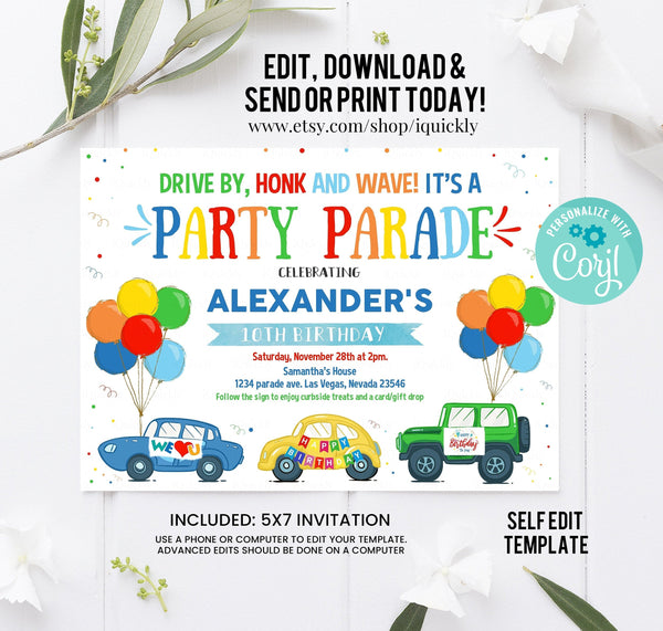 Editable Drive By Birthday Parade Invitation Drive Through Birthday Party Quarantine Birthday Social Distancing invite Instant Download