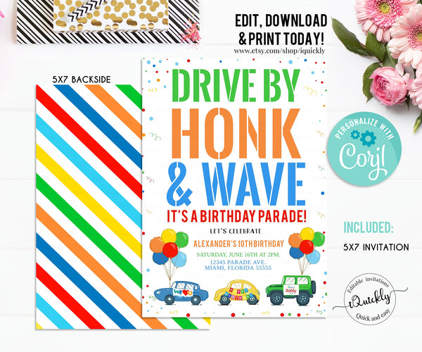 EDITABLE Drive By Birthday Parade Invitation, Drive By Kids Birthday Party Digital Invite, Honk, Wave Car Parade, Drive Through, Quarantine