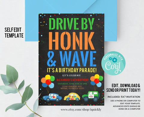 Editable Drive By Birthday Parade Invitation Drive By Kids Birthday Party Invite Drive Through  Honk Wave Car Parade Quarantine party