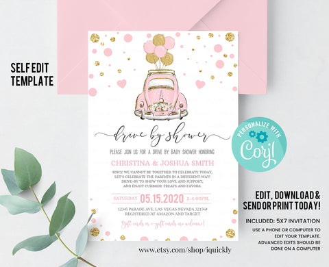 Editable Drive By Baby Shower Invitation Pink Polka dot Drive Through Baby Shower Invitation Social Distancing Baby Shower Instant Download