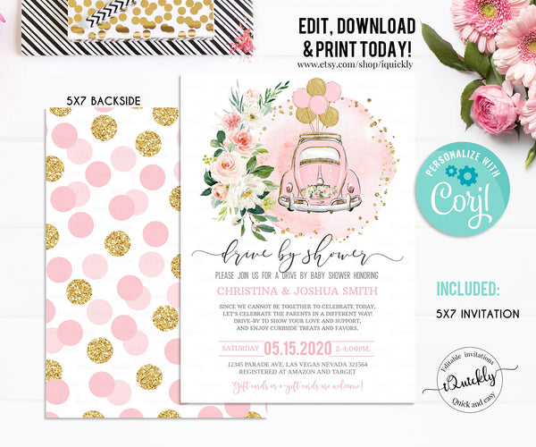 Editable Drive By Baby Shower Invitation Pink Floral Drive Through Baby Shower Invitation Girl Social Distancing Quarantine Instant Download