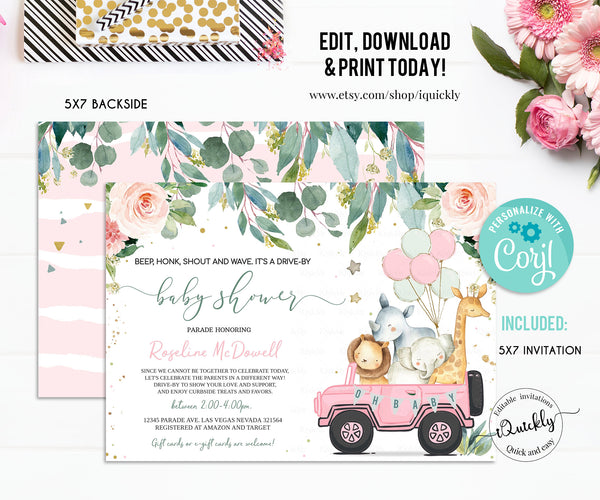 Editable Drive By Baby Shower Invitation Safari Animal Drive Through Girl Baby shower Invite Social Distance Parade Instant Download