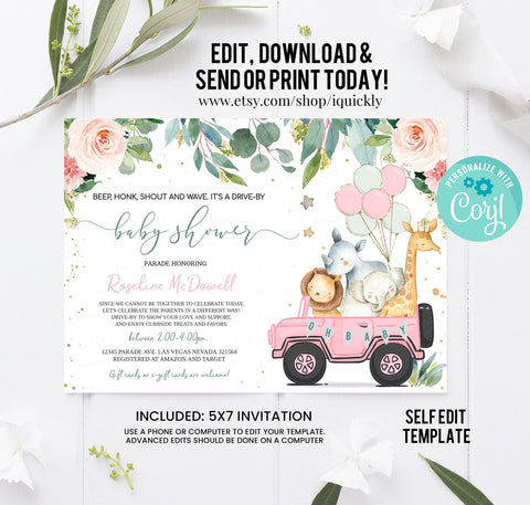 Editable Drive By Baby Shower Invitation Safari Animal Drive Through Girl Baby shower Invite Social Distance Parade Instant Download