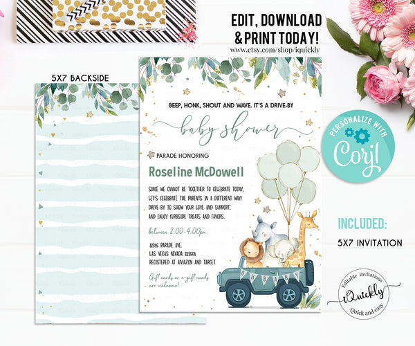 Editable Drive By Baby Shower Invitation Safari Animal Drive Through Gender neutral Invite Social Distance Boy Baby Shower Instant Download
