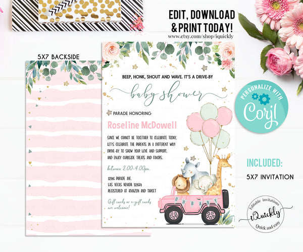 Editable Drive By Baby Shower Invitation Safari Animal Drive Through Baby Shower Invite Girl Social Distancing Baby Shower Instant Download