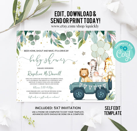 Editable Drive By Baby Shower Invitation Safari Animal Drive Through Baby Shower Invite Social Distancing Boy Baby Shower Instant Download