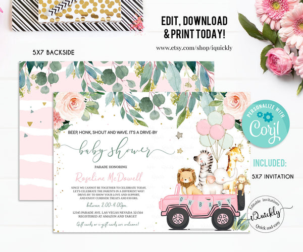 Editable Drive By Baby Shower Invitation Safari Animal Drive Through Baby Shower Invite Girl Social Distancing Baby Shower Instant Download