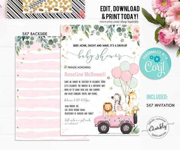 Editable Drive By Baby Shower Invitation Safari Animal Drive Through Baby Shower Invite Social Distancing Girl Baby Shower Instant Download