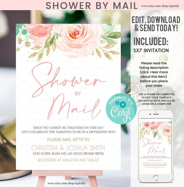 Shower by Mail Blush Pink Floral Baby Shower Invitation EDITABLE, Virtual Baby Shower invites, Digital Girl invitation Printable Template