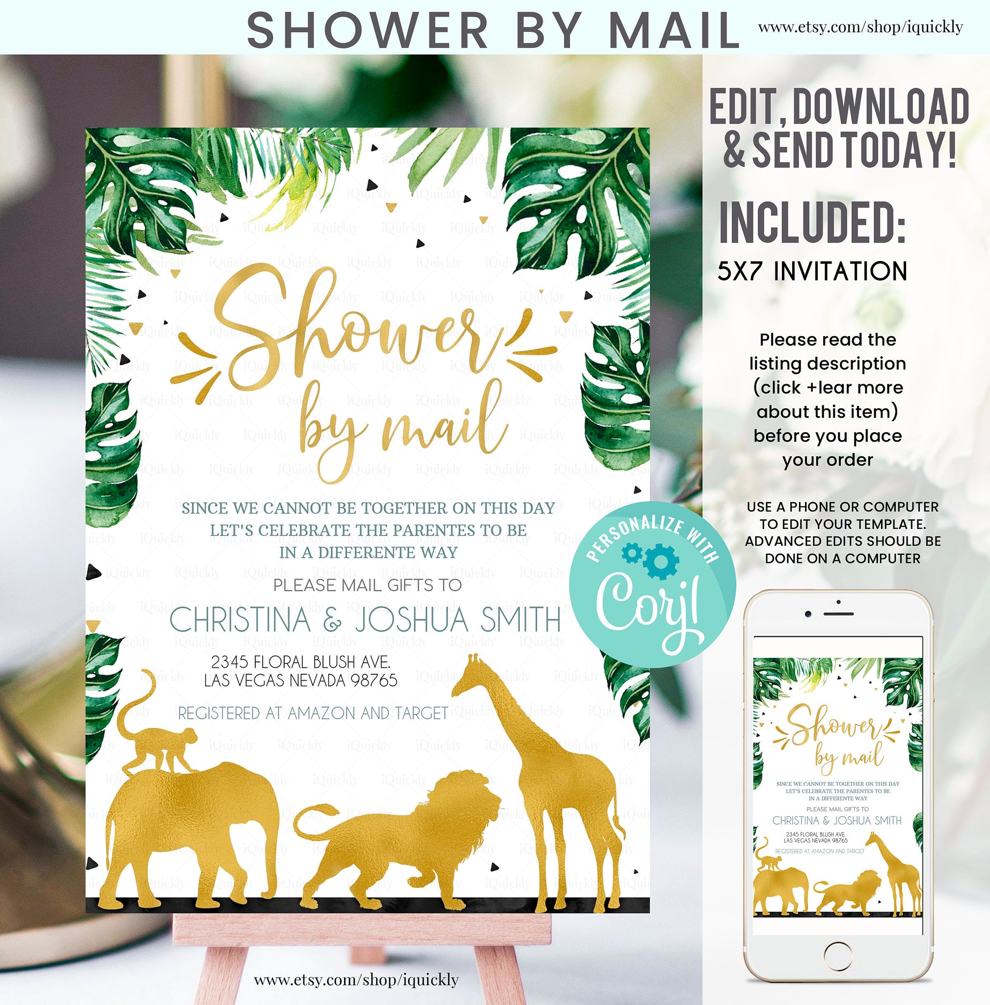 Shower by Mail Jungle gold baby shower invitation, EDITABLE Safari gold Virtual baby shower invites Wild one boy Printable template download