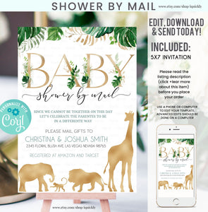 Shower by Mail Jungle gold baby shower invitation, EDITABLE Safari gold Virtual baby shower invites Wild one boy Printable template download