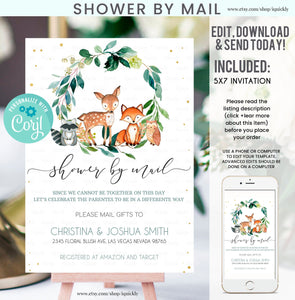 Shower By Mail Woodland Baby Shower Invitation, Virtual Baby Shower, Woodland Animals Baby Shower, Boy Baby Shower, invitation template
