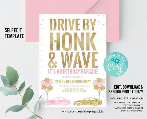 Editable Drive By Birthday Parade Invitation Drive By adult Birthday Party Invite Drive Through Honk Wave Car Parade Quarantine party