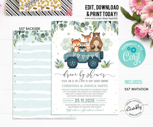 Editable Drive By Baby Shower Invitation Woodland Animal Drive Through Shower Invite Social Distancing Drive Thru Gender neutral Download