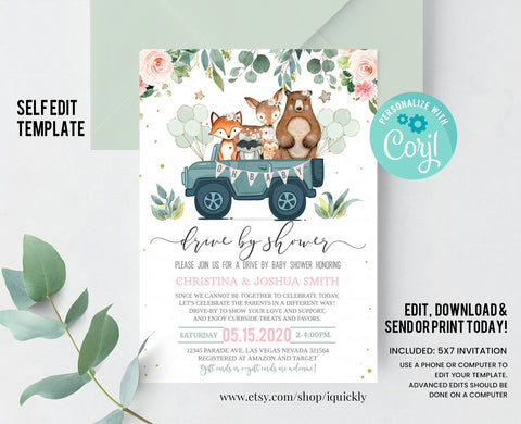 Editable Drive By Baby Shower Invitation Woodland Animal Drive Through Shower Invite Social Distancing Drive Thru Girl Instant Download