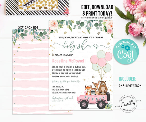 Editable Drive By Baby Shower Invitation Woodland Animal Drive Through Shower Invite Social Distancing Drive Thru Girl Instant Download