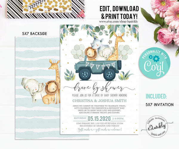 Editable Drive By Baby Shower Invitation Safari Animal Drive Through Baby Shower Invite Social Distancing Drive Thru Shower Instant Download