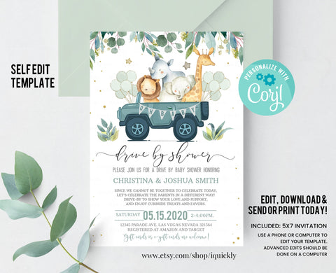 Editable Drive By Baby Shower Invitation Safari Animal Drive Through Baby Shower Invite Social Distancing Drive Thru Shower Instant Download