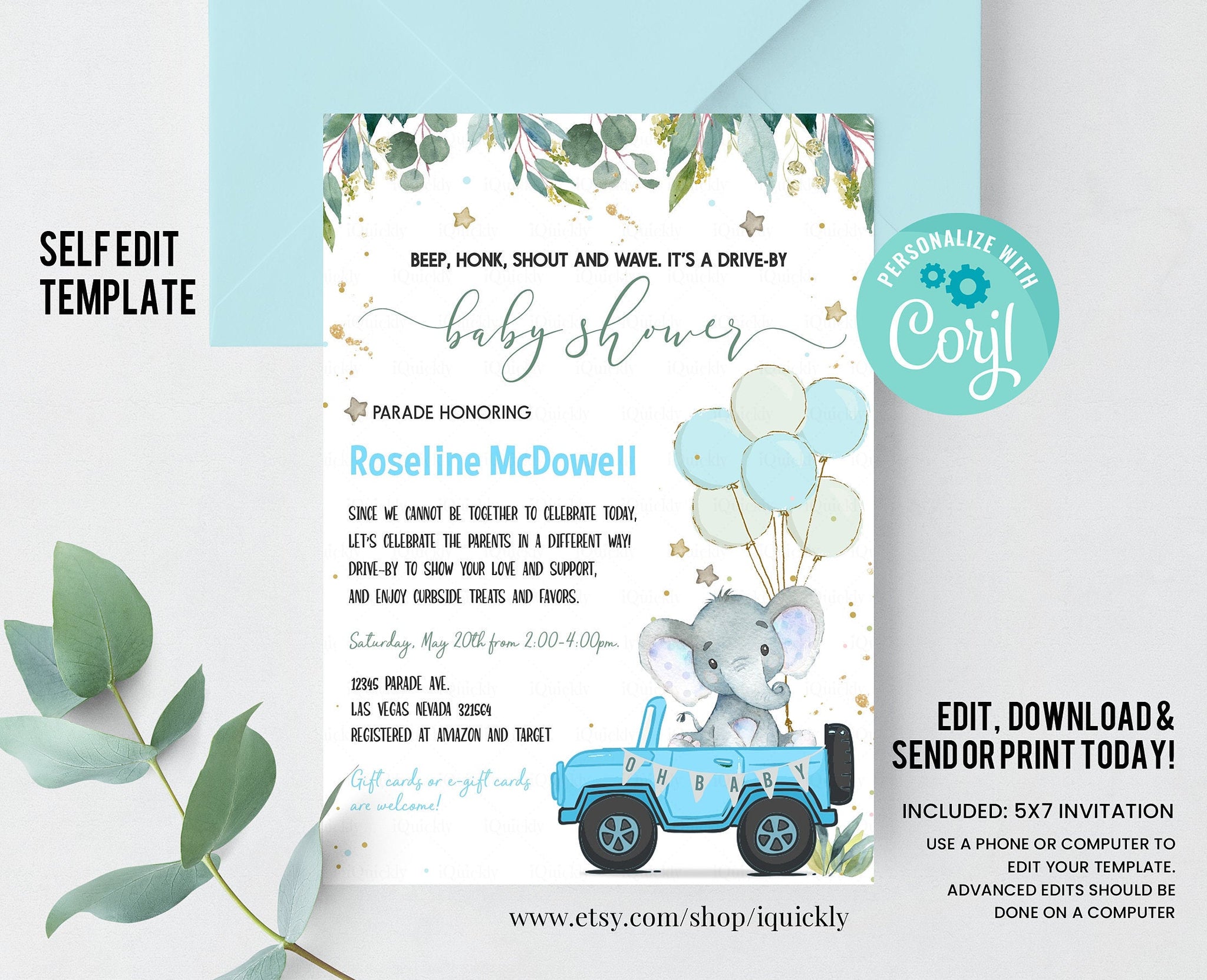 Editable Drive By Baby Shower Invitation Elephant Baby Shower Drive Through Invitation Social Distancing Boy Baby Shower Instant Download