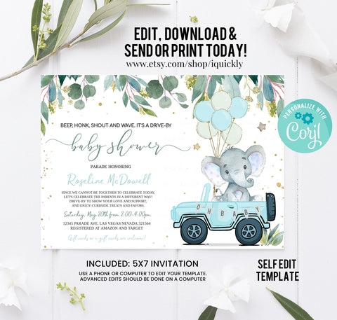 Editable Drive By Baby Shower Invitation, Boy Elephant Drive Through Invites Social Distancing Digital Download