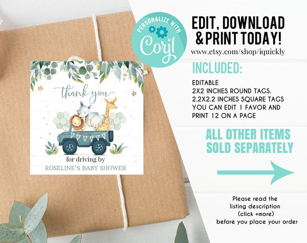 Editable Drive by Baby Shower Favor Tag Safari Animal Drive Through Gift Tag Drive-By Baby shower Thank you tags Parade Instant Download