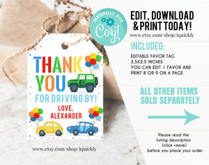 Editable Drive By Birthday Parade favor tags Drive By Kids Birthday Party thank you tags Drive Through Gift tags Honk Wave Car Parade party