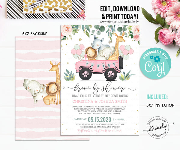 Editable Drive By Baby Shower Invitation Safari Animal Drive Through Baby Shower Invite Girl Social Distancing Drive Thru Instant Download
